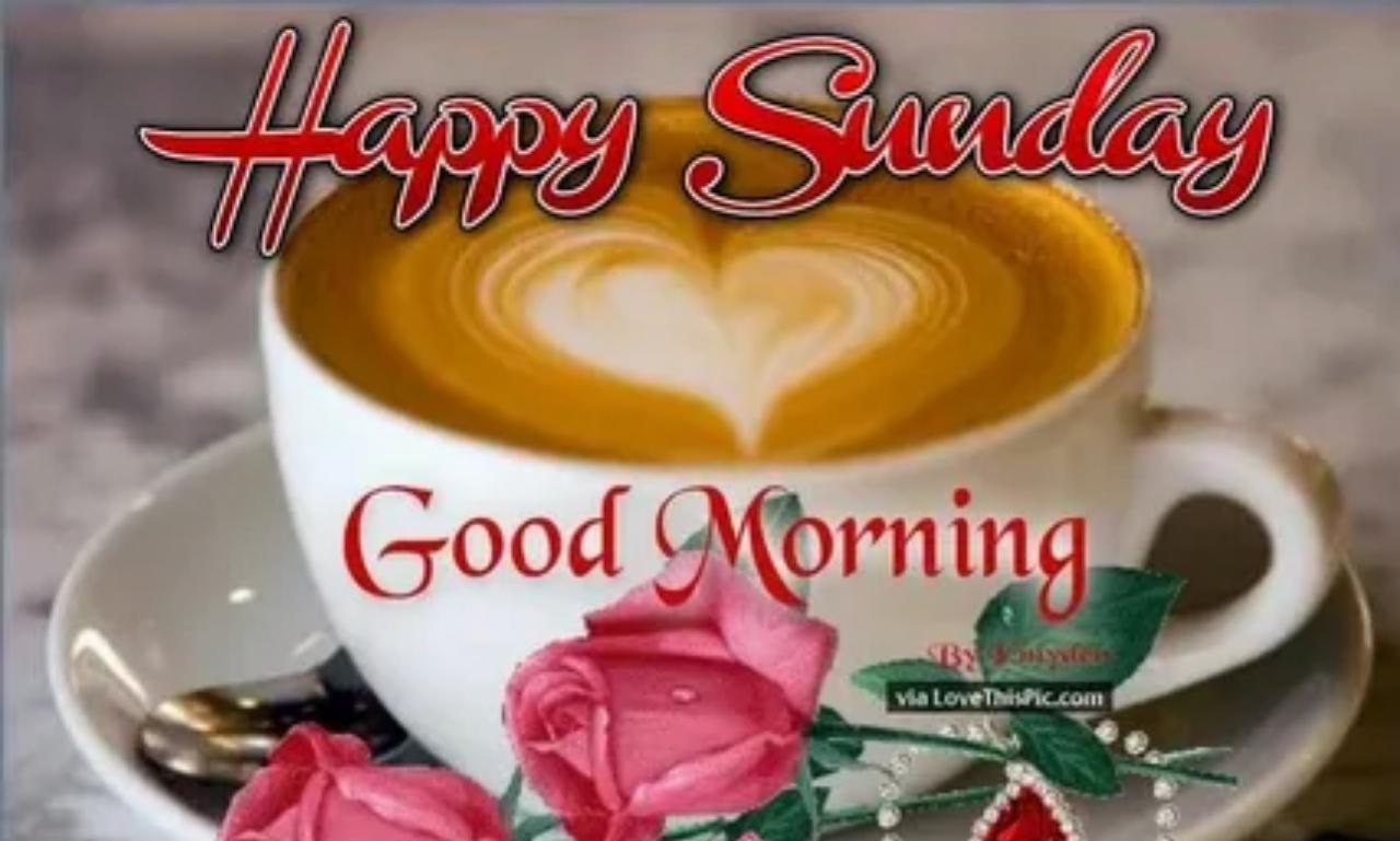 Peaceful sunrise with inspirational Good Morning Happy Sunday Message to Brighten Your Day theme of hope, faith, and renewal