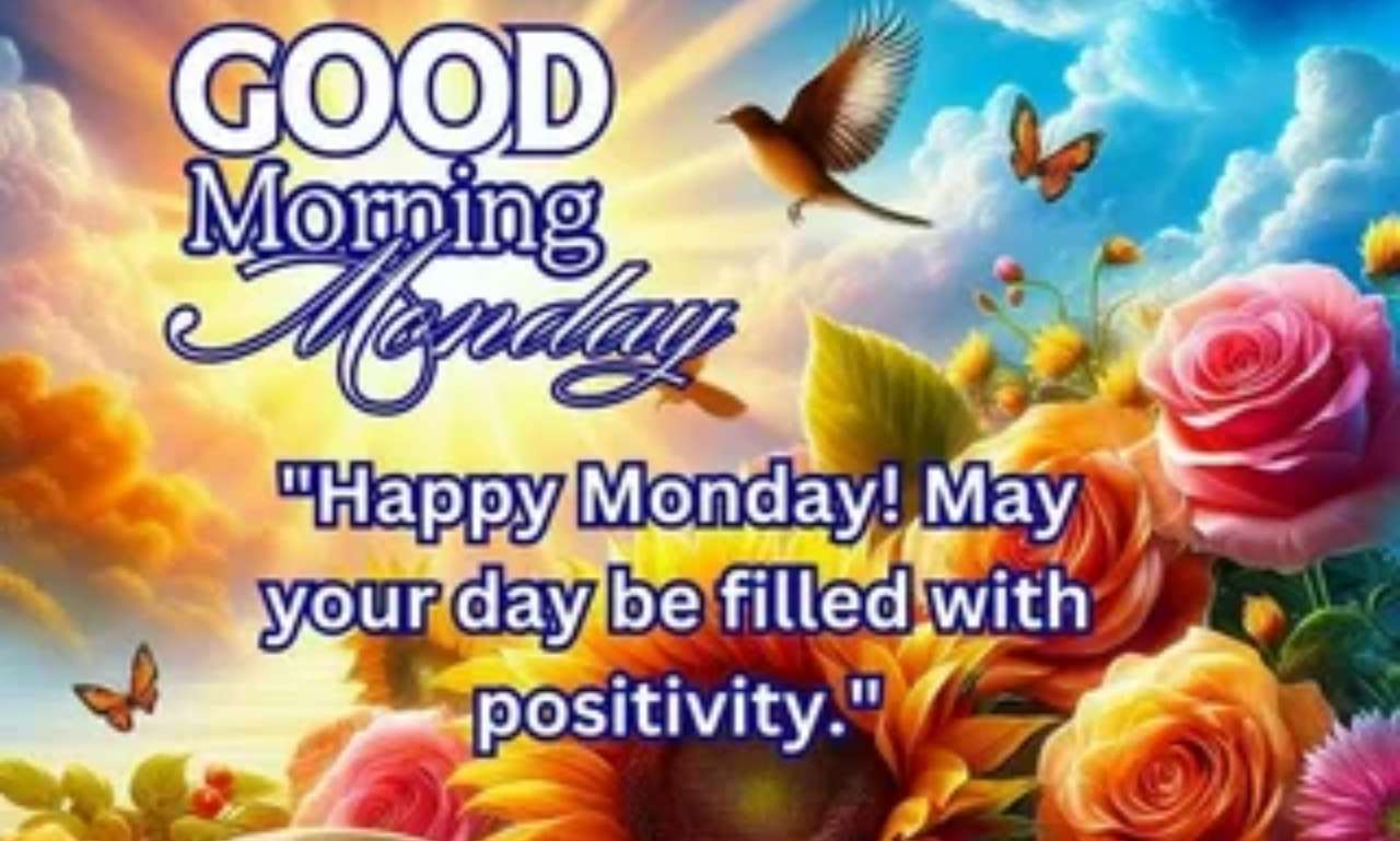 Good Morning Monday Blessings message with sunrise, calm sky, and inspirational quote to start the week with positivity