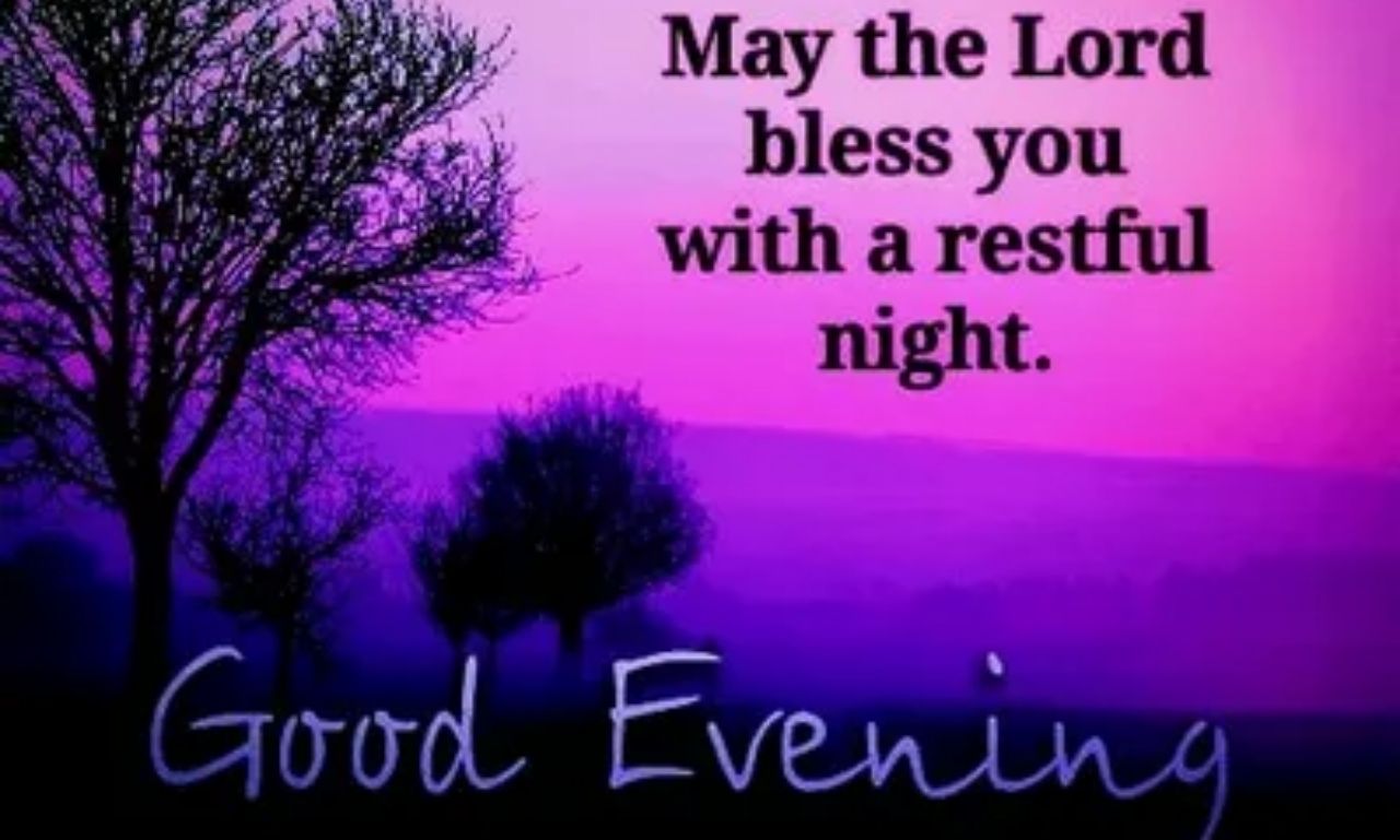 Good evening blessings message with peaceful sunset sky symbolizing love, hope, and positivity tonight
