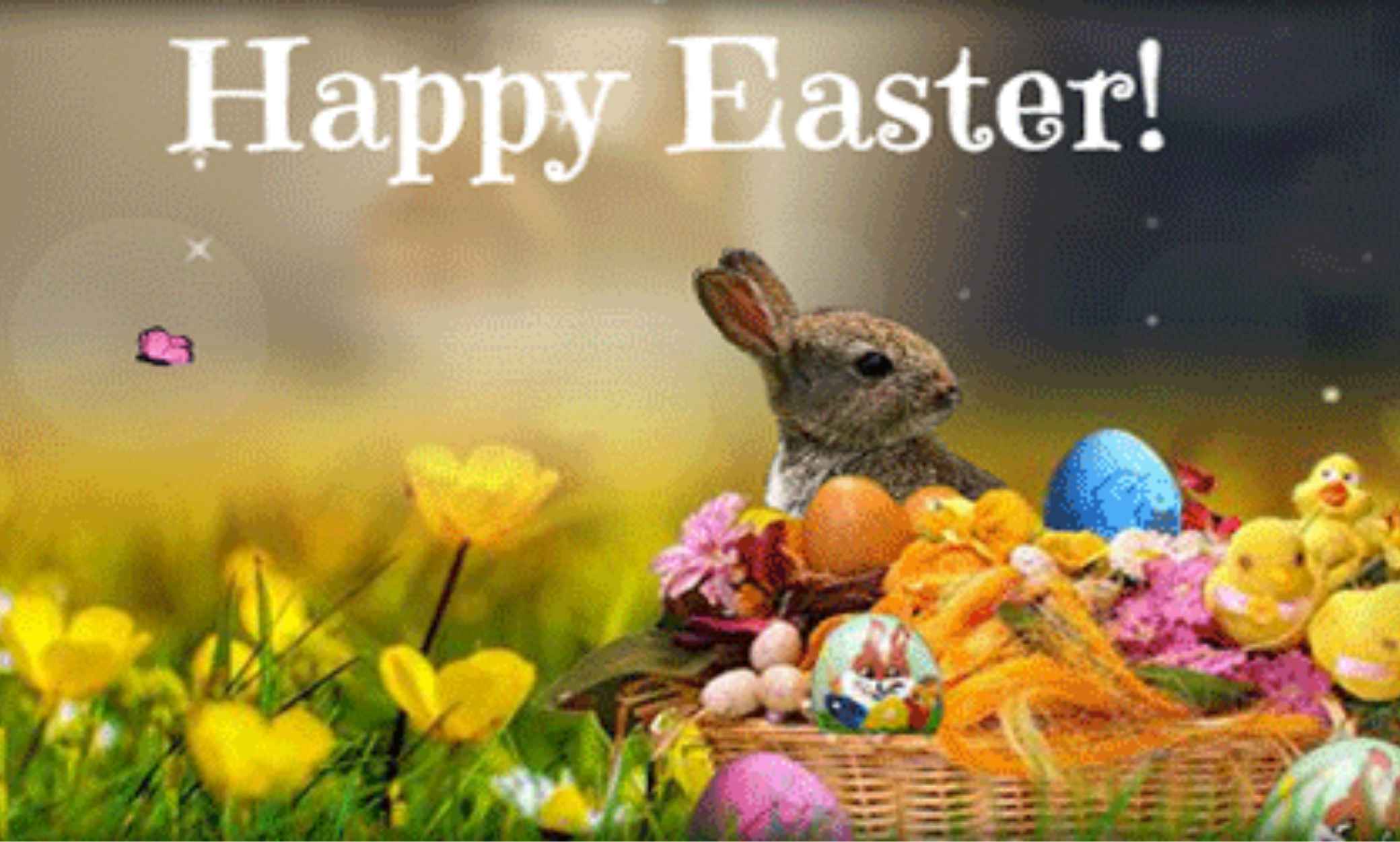 Happy Easter blessings image with cross at sunrise, spring flowers, and inspirational Easter quote celebrating the resurrection.