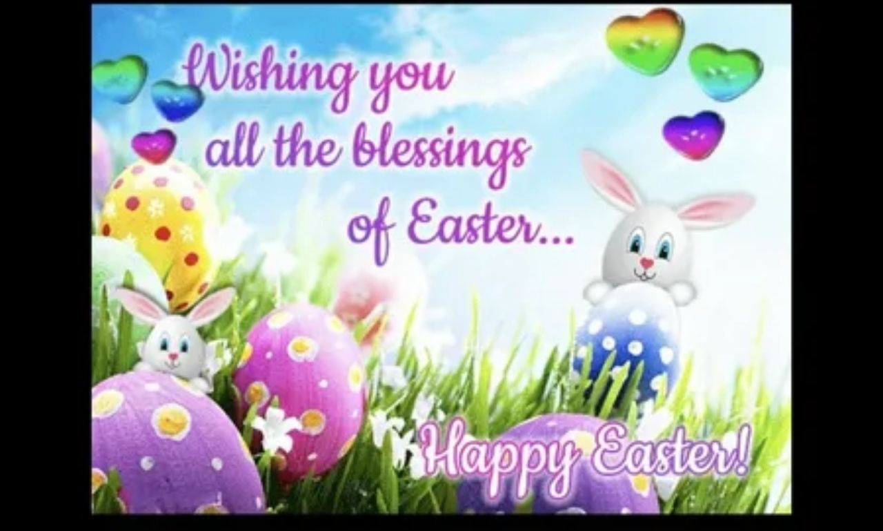 Happy Easter blessings image with cross at sunrise, spring flowers, and inspirational Easter quote celebrating the resurrection.