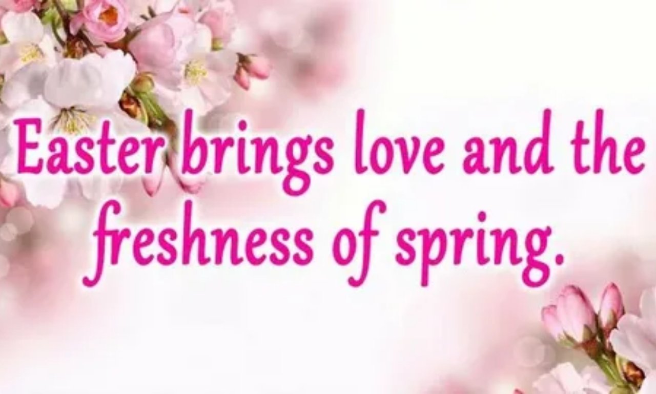 Happy Easter blessings image with cross at sunrise, spring flowers, and inspirational Easter quote celebrating the resurrection.