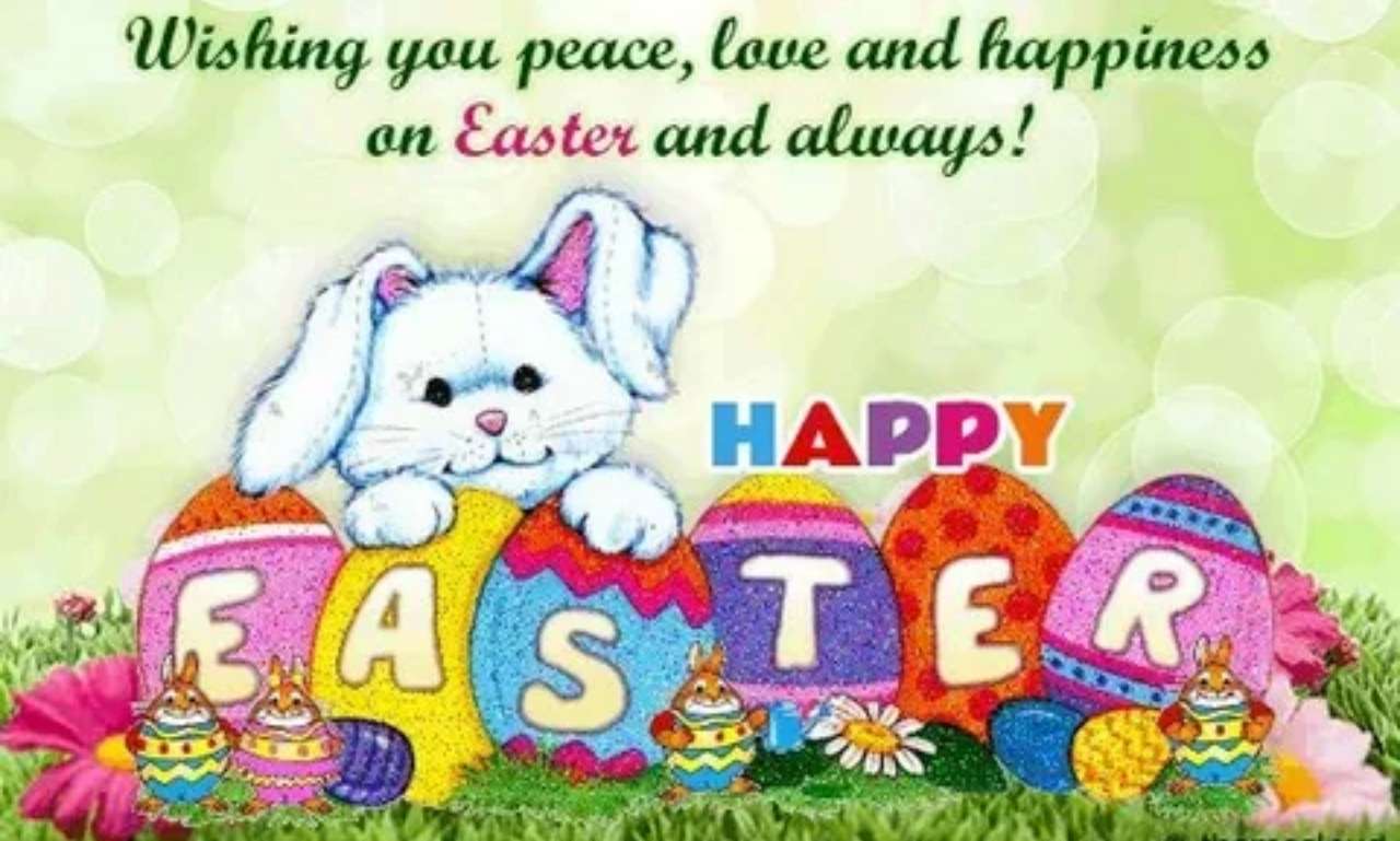 Happy Easter blessings image with cross at sunrise, spring flowers, and inspirational Easter quote celebrating the resurrection.