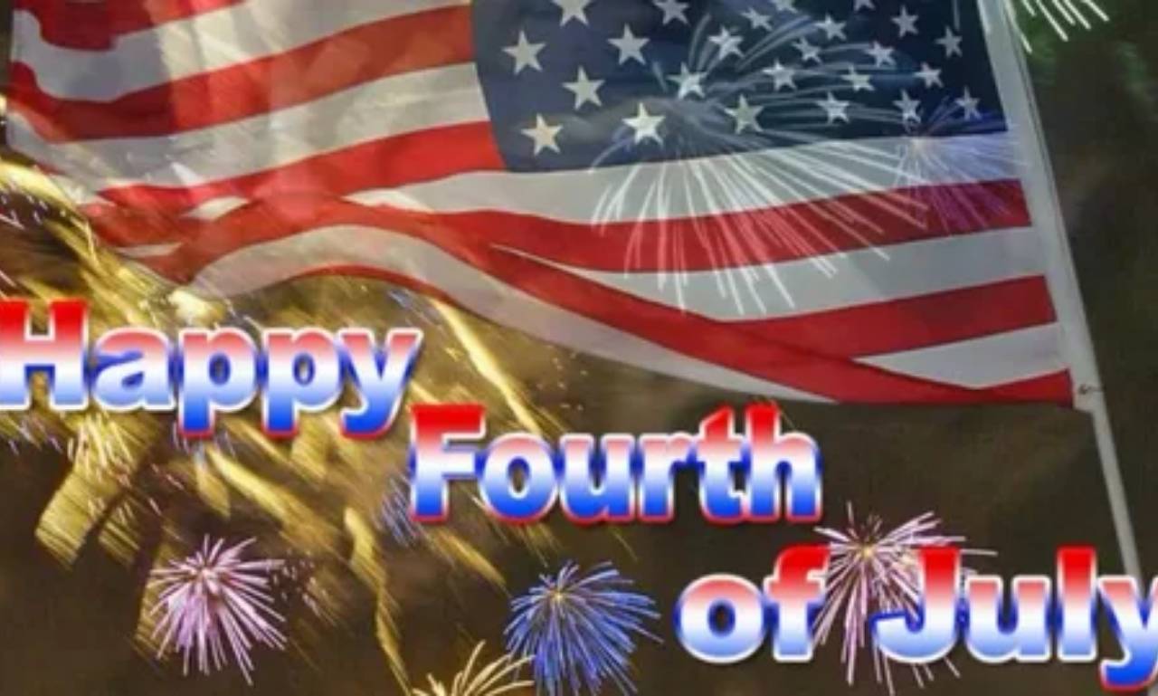 Happy 4th of July blessings with patriotic prayers and quotes over fireworks and American flag celebrating Independence Day