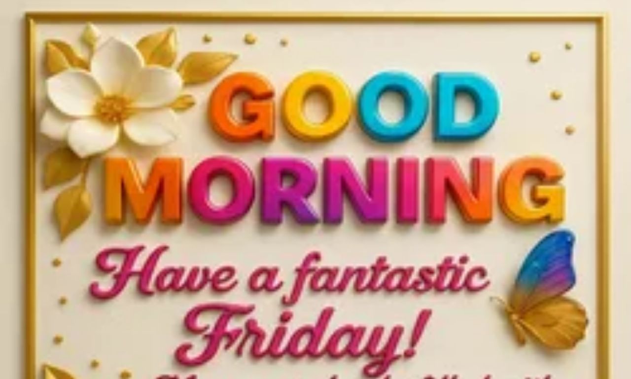 A cheerful morning scene with sunlight, coffee, and flowers, symbolizing Good Morning Friday blessings and joyful weekend wishes.