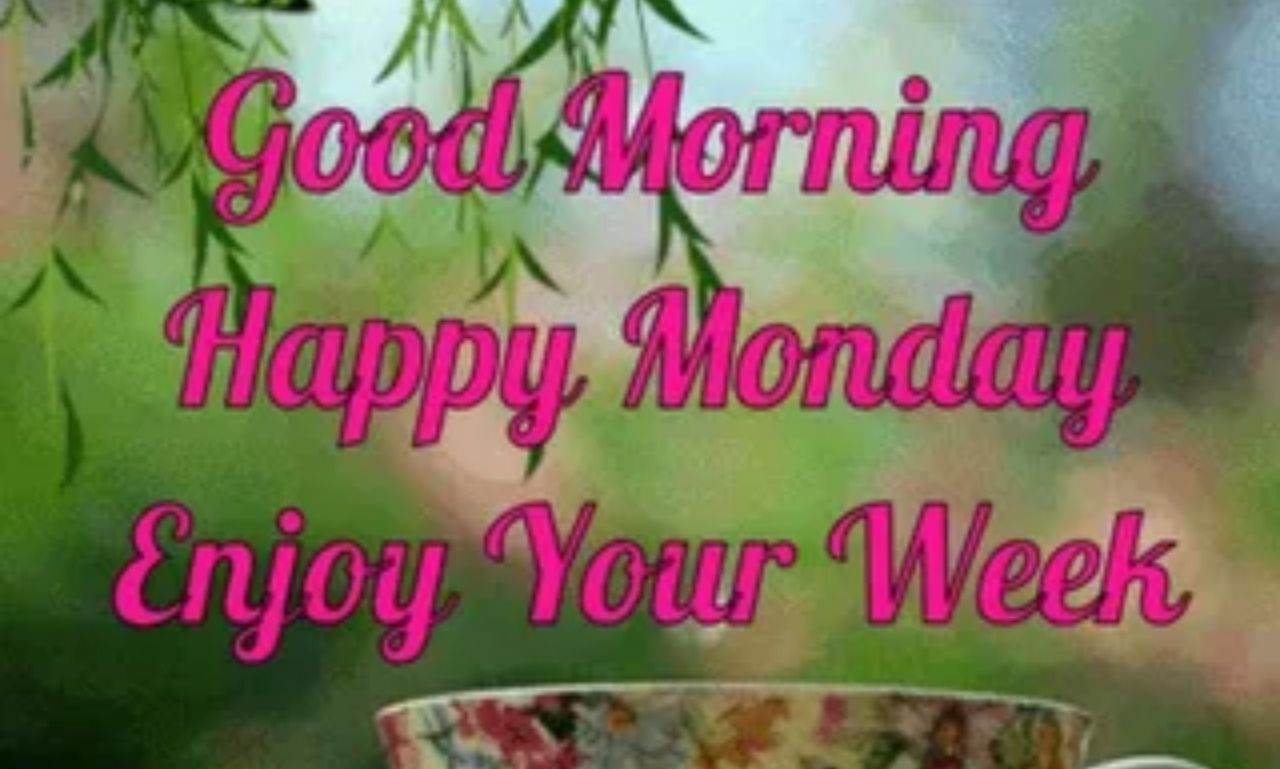 Good Morning Monday Quotes, Wishes, and Greetings with sunrise, coffee, and inspirational message for motivation and positivity