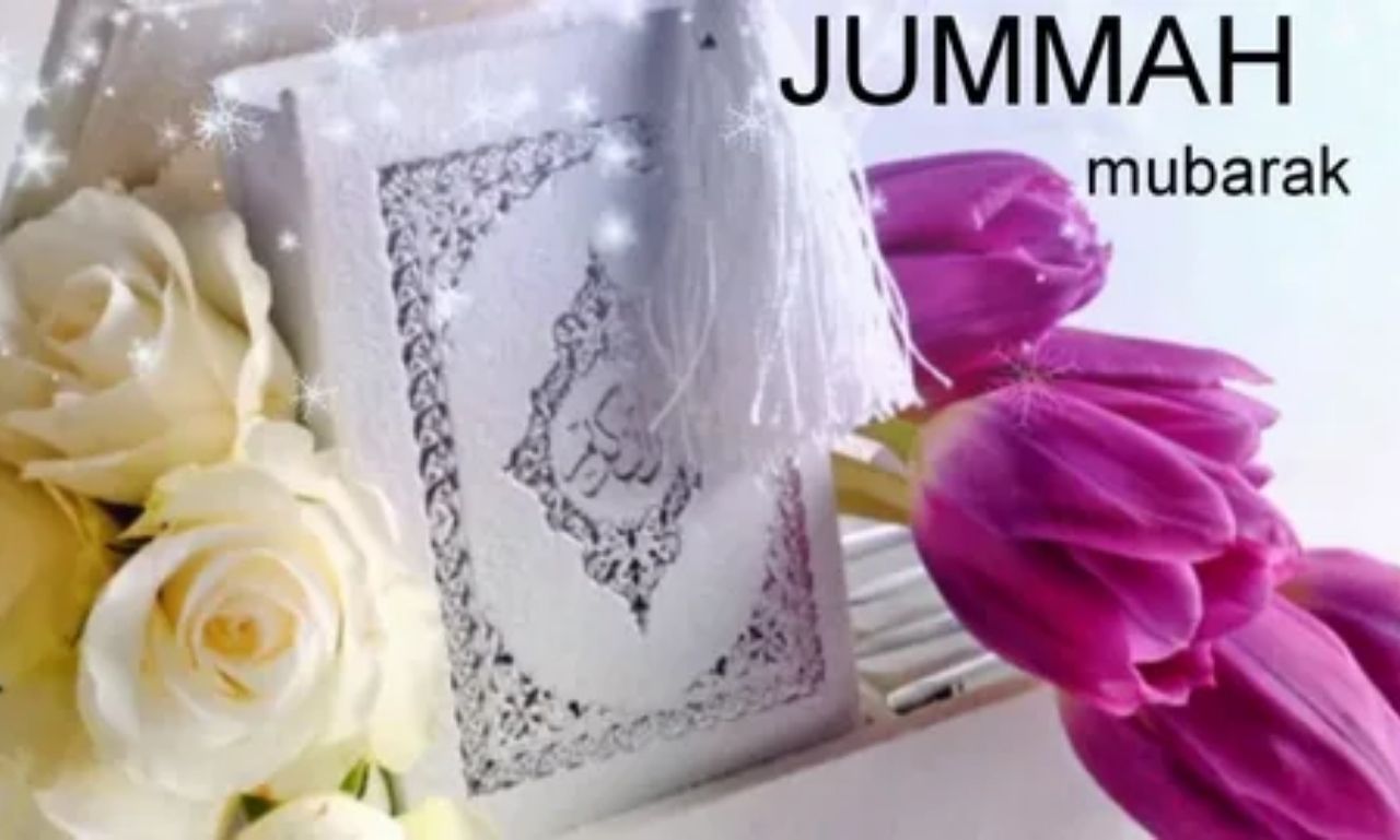 Jumma Mubarak quotes, duas, and wishes with open Quran, prayer beads, and peaceful Islamic Friday background