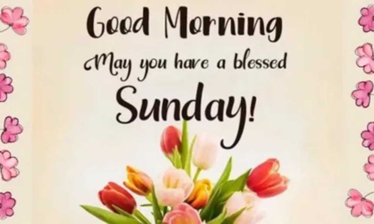 Beautiful good morning Sunday blessings with sunrise, flowers, coffee, and peaceful nature scene symbolizing hope, faith, and positivity