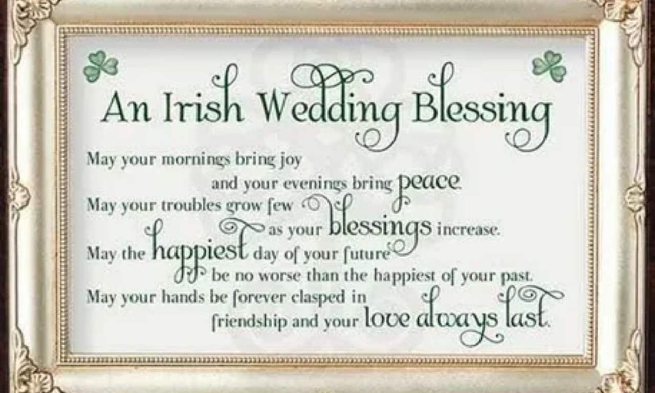 Funny Irish wedding blessings with a joyful couple celebrating love, laughter, and faith in a romantic setting