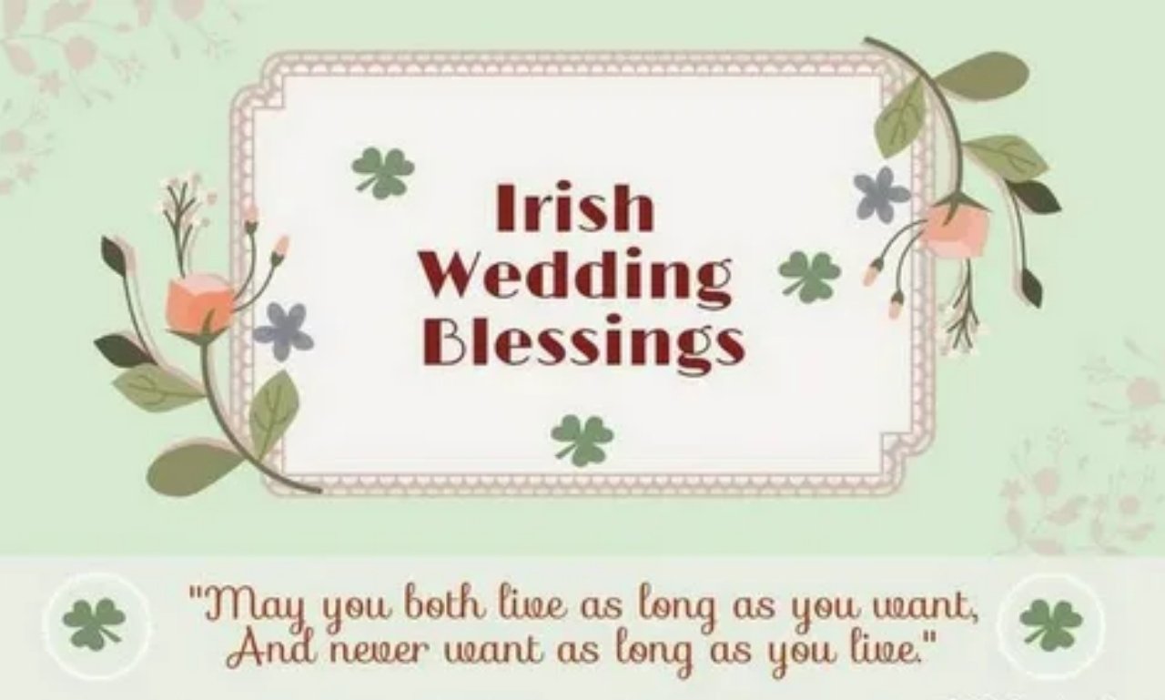 Funny Irish wedding blessings with a joyful couple celebrating love, laughter, and faith in a romantic setting