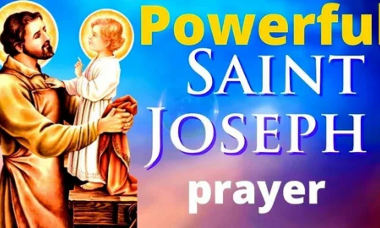 Powerful prayer to St Joseph for work with Bible verses, cross, tools, and peaceful spiritual background