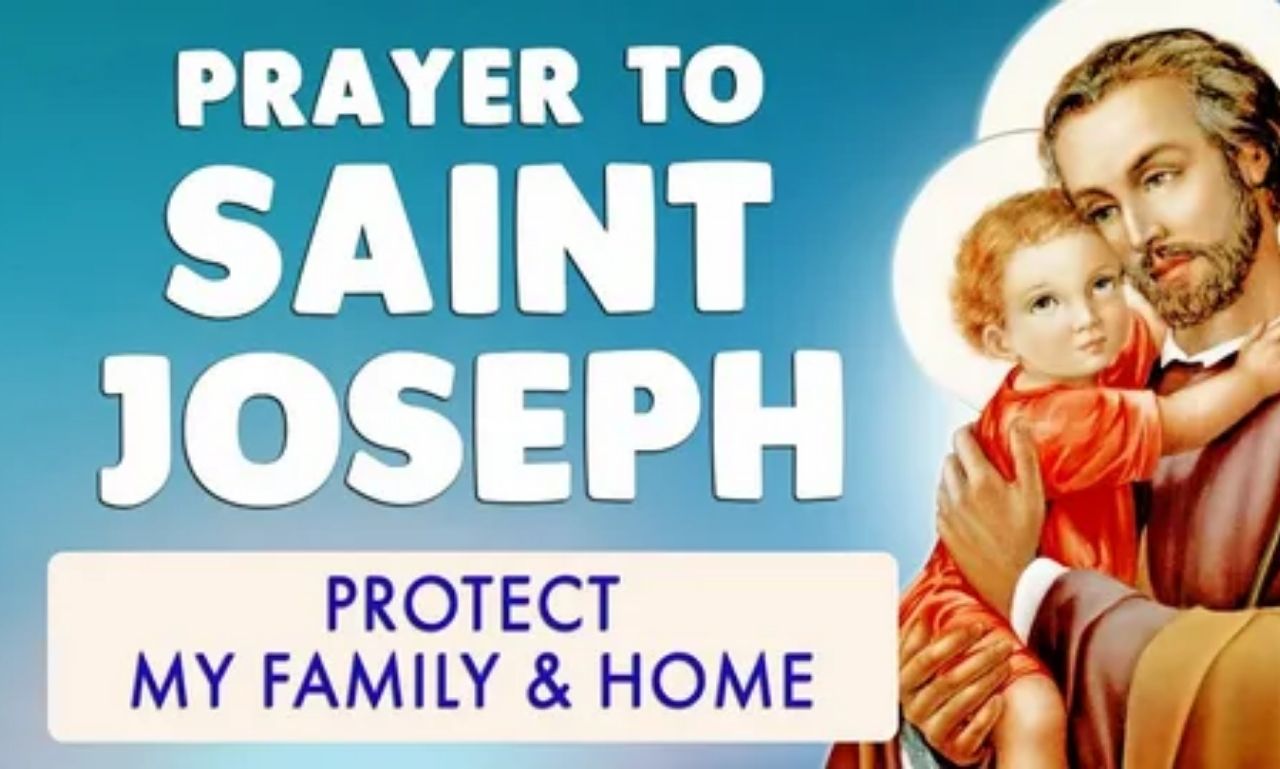 Powerful prayer to St Joseph for work with Bible verses, cross, tools, and peaceful spiritual background