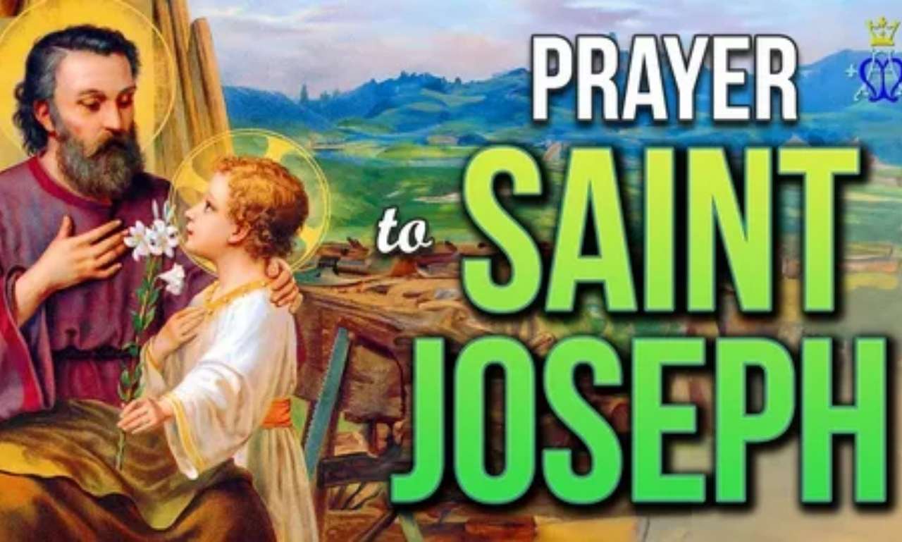 Powerful prayer to St Joseph for work with Bible verses, cross, tools, and peaceful spiritual background