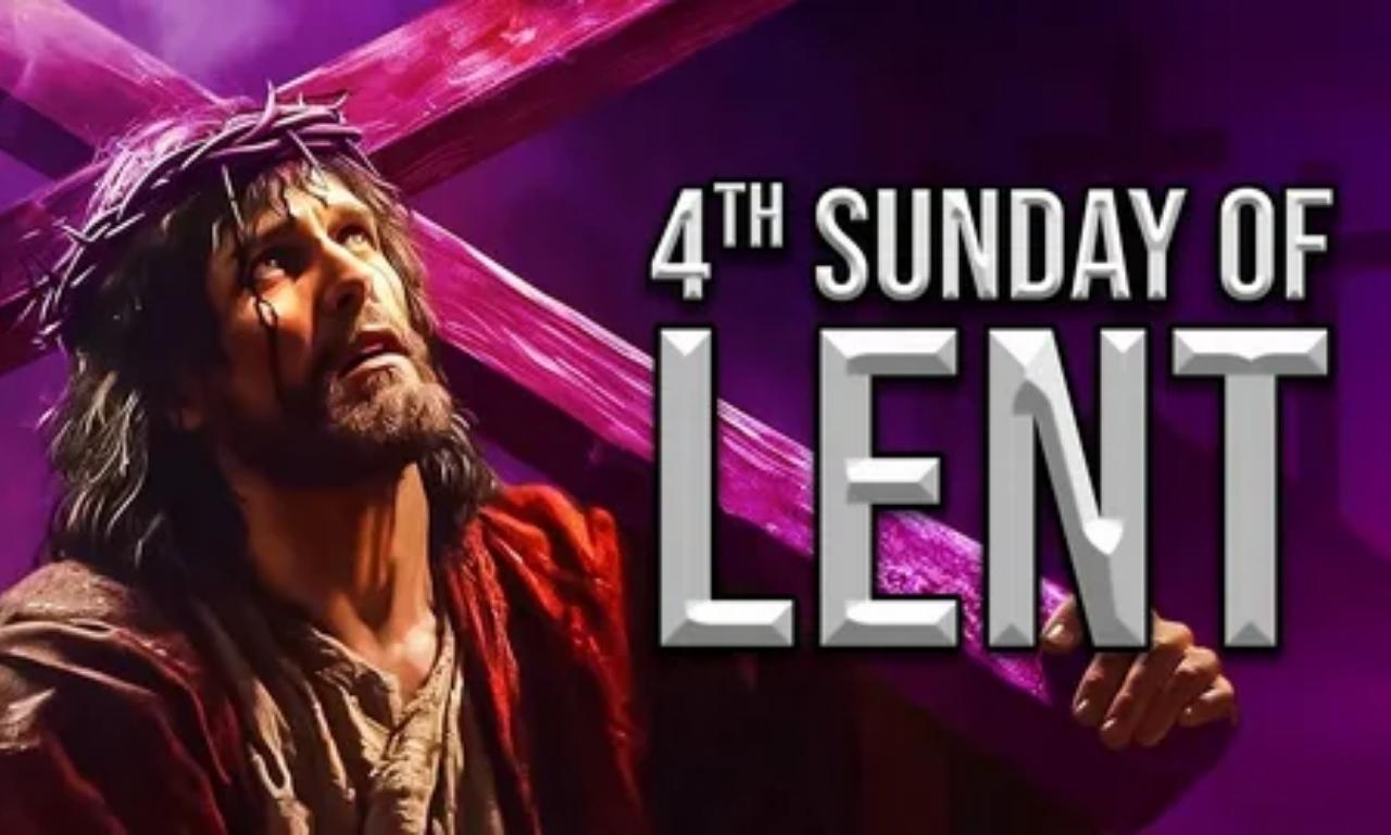 Powerful prayers for the Fourth Sunday of Lent with Bible verses, peaceful cross, sunlight, and symbols of God’s mercy and hope