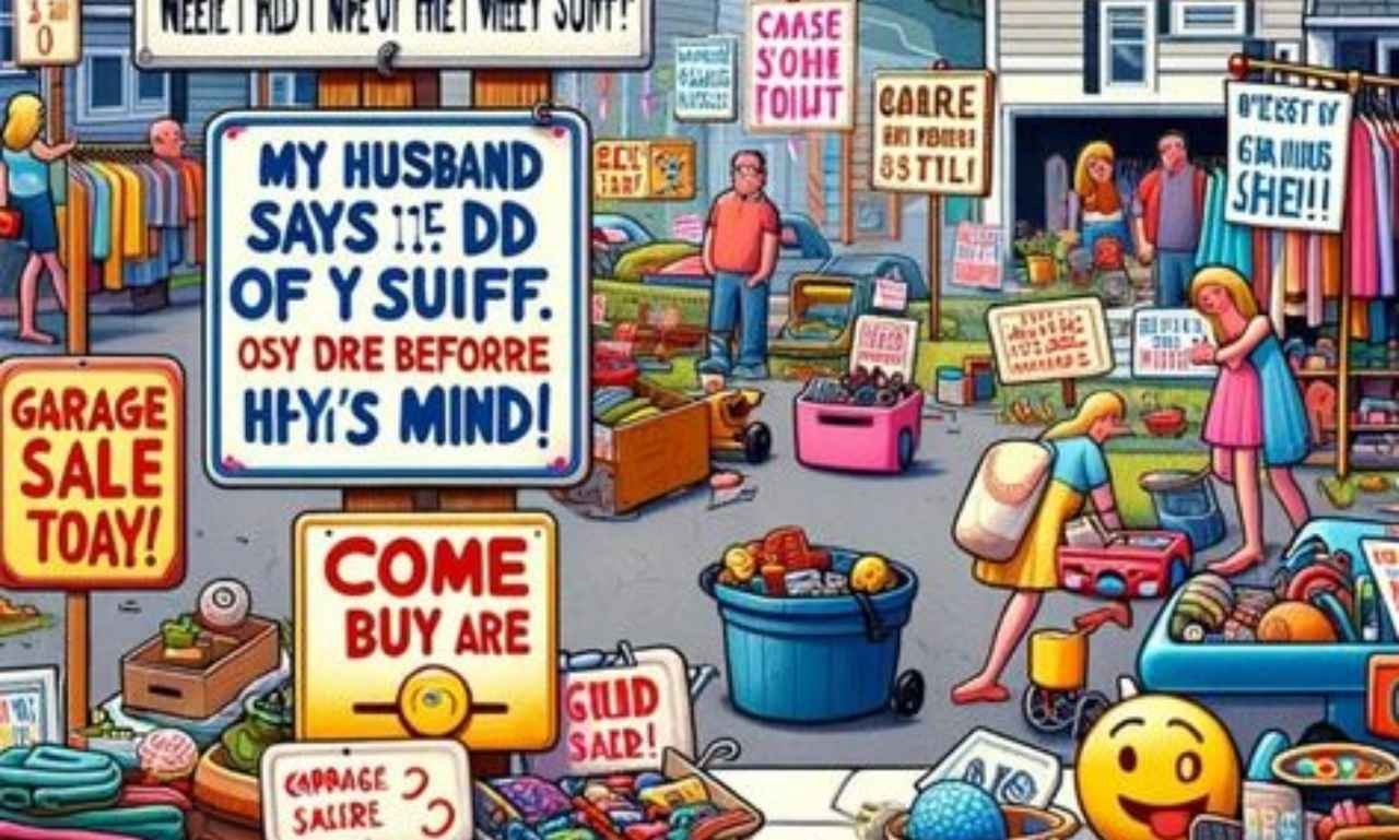 Colorful garage sale setup with funny blessing quotes, handwritten price tags, smiling shoppers, and uplifting messages about faith, hope, and perseverance.