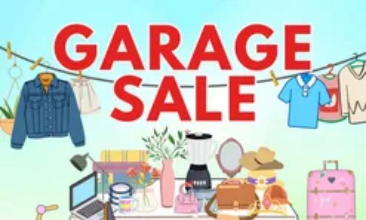 Colorful garage sale setup with funny blessing quotes, handwritten price tags, smiling shoppers, and uplifting messages about faith, hope, and perseverance.