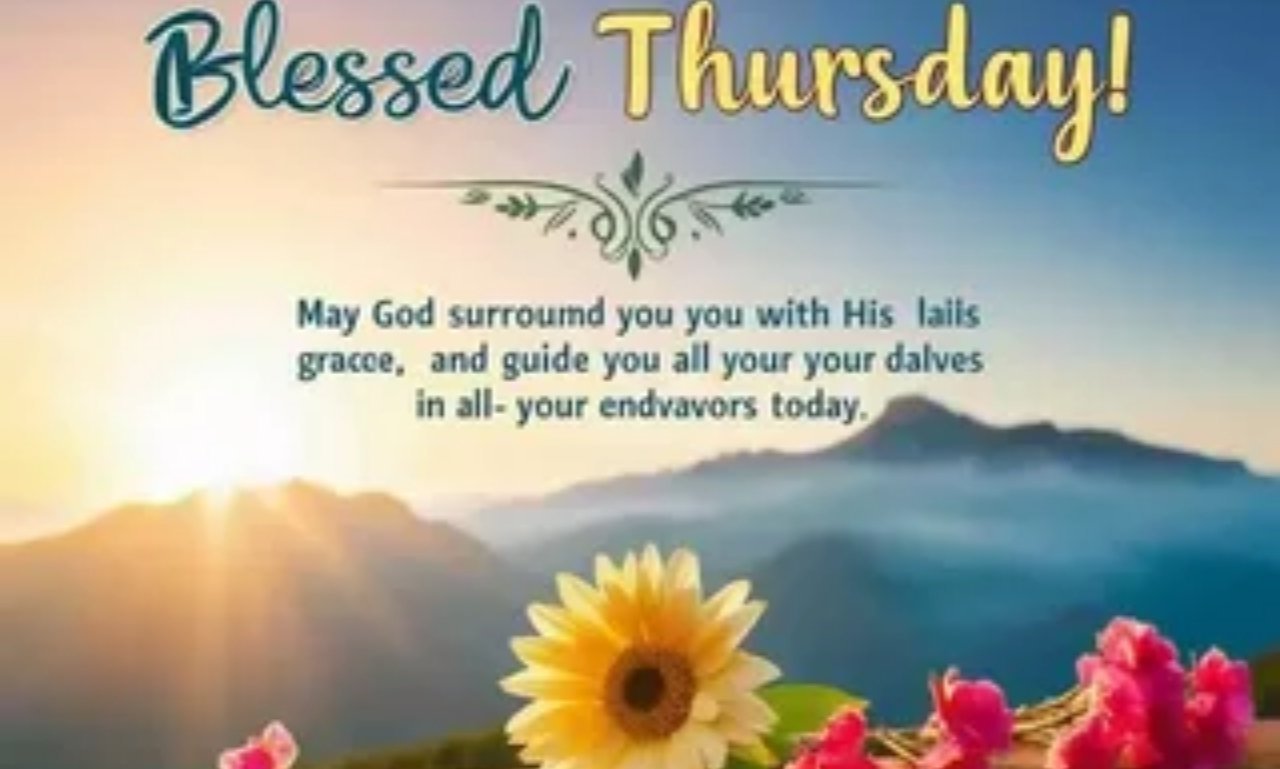 Beautiful Thursday morning blessing image with sunrise, flowers, coffee cup, inspirational quotes, and peaceful prayer message for hope and happiness.