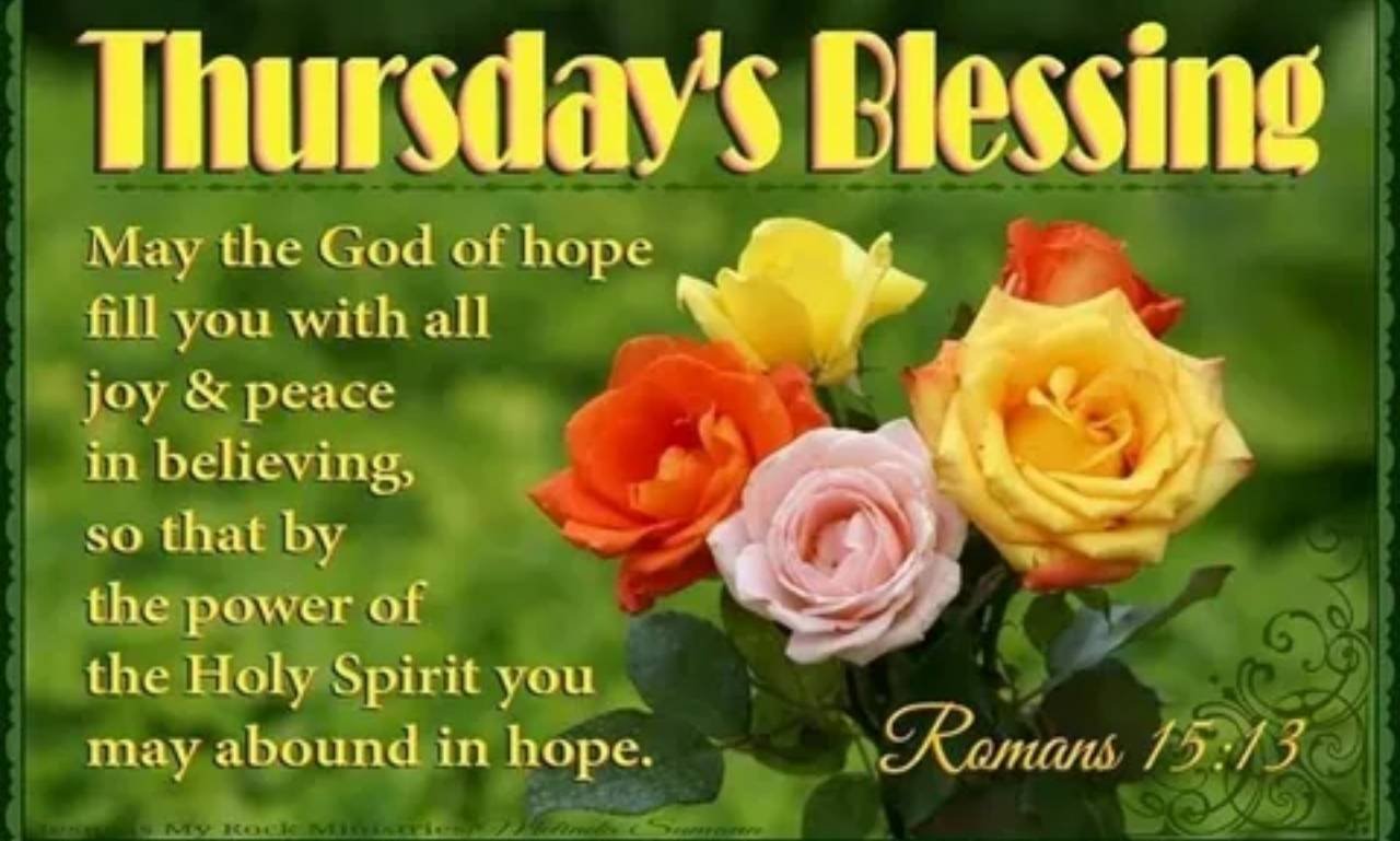 Beautiful Thursday morning blessing image with sunrise, flowers, coffee cup, inspirational quotes, and peaceful prayer message for hope and happiness.