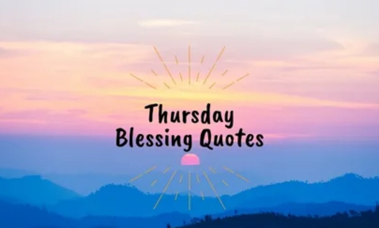 Beautiful Thursday morning blessing image with sunrise, flowers, coffee cup, inspirational quotes, and peaceful prayer message for hope and happiness.