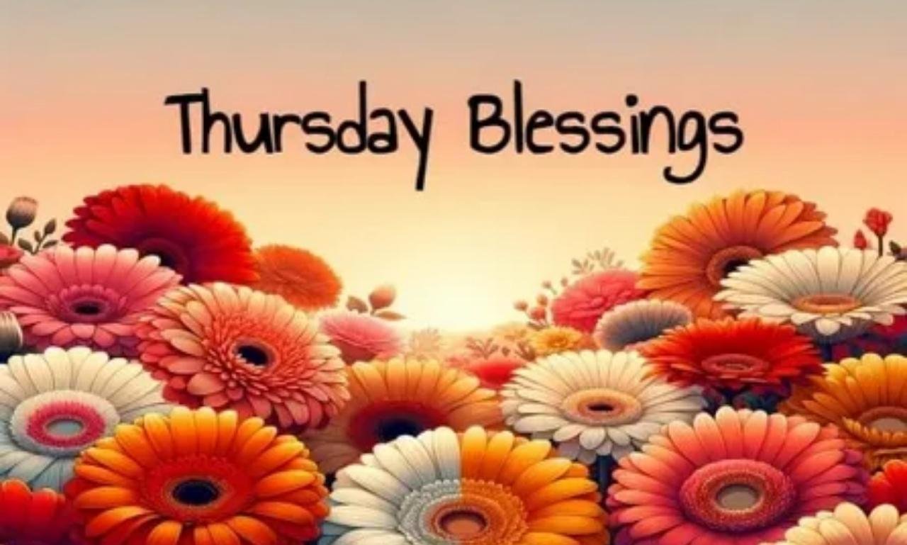 Beautiful Thursday morning blessing image with sunrise, flowers, coffee cup, inspirational quotes, and peaceful prayer message for hope and happiness.