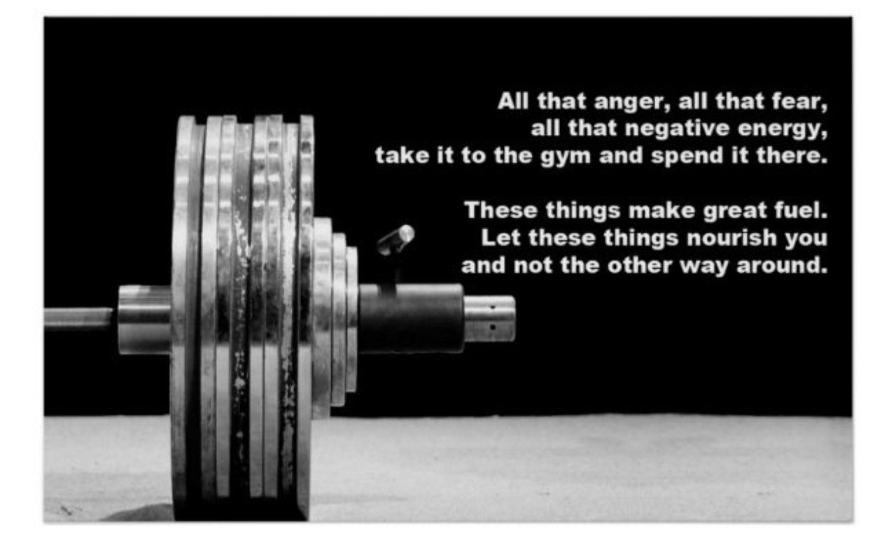 Motivational gym scene with fitness quotes inspiring strength, perseverance, emotional healing, and positivity during workouts.
