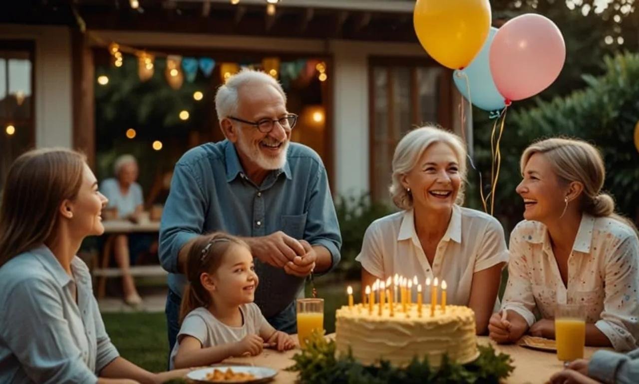 Smiling retiree celebrating with family and friends, surrounded by laughter, joy, gratitude, and funny & creative retirement blessings for a meaningful new chapter in life.