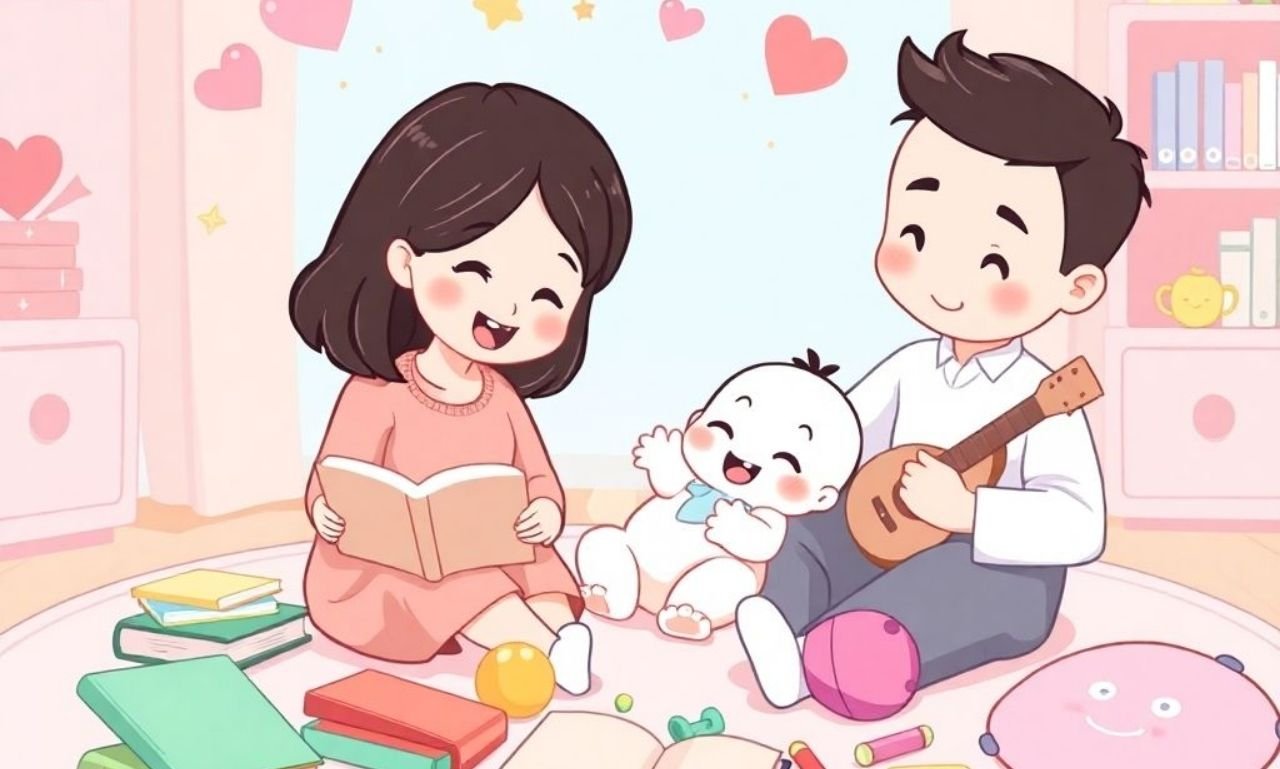 Happy family laughing together at home while sharing funny family blessings, prayers, and inspirational quotes filled with love, faith, joy, and togetherness