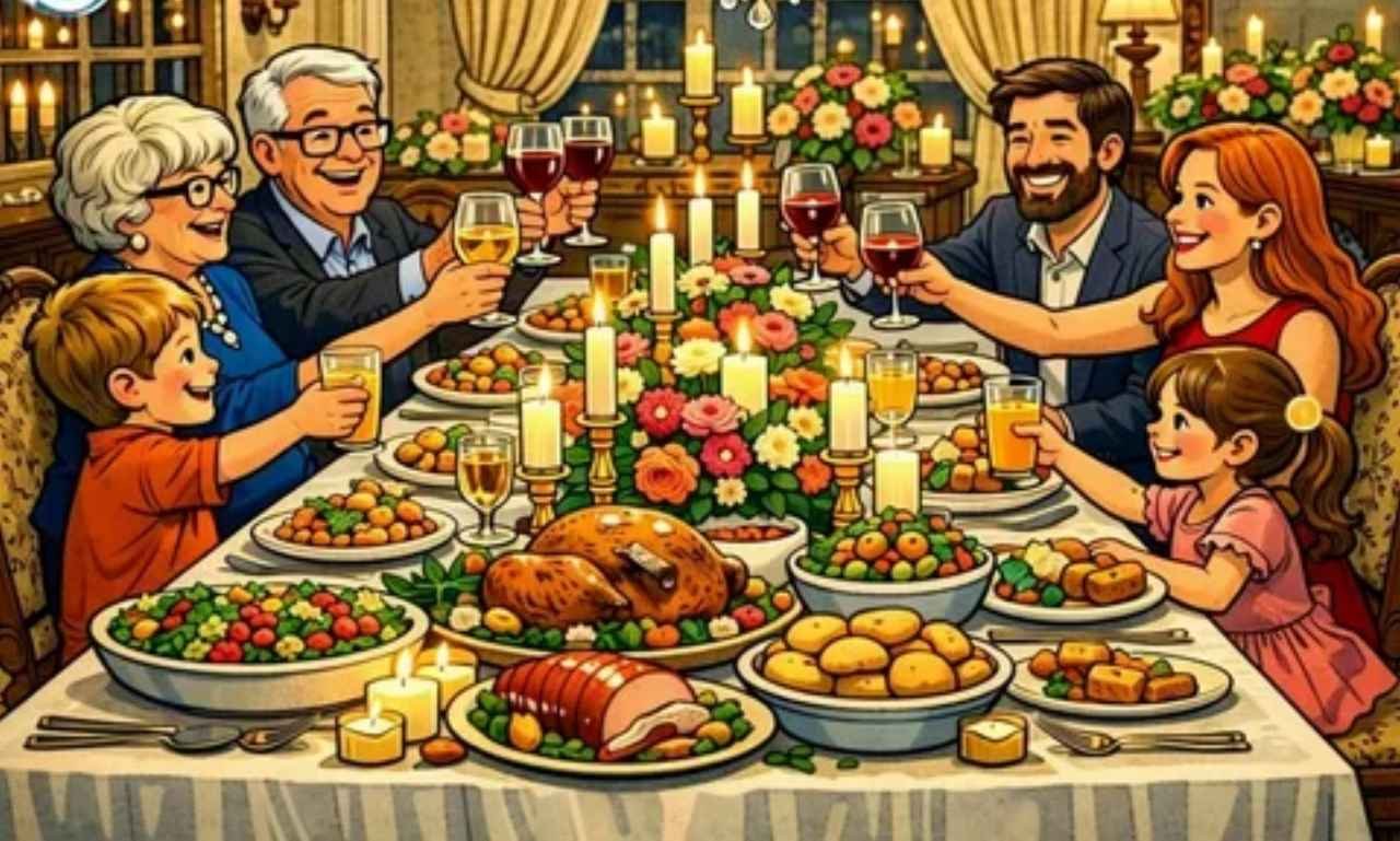 Happy family gathered around a dinner table sharing funny blessings for dinner, laughter, gratitude, faith, delicious food, and joyful moments together.