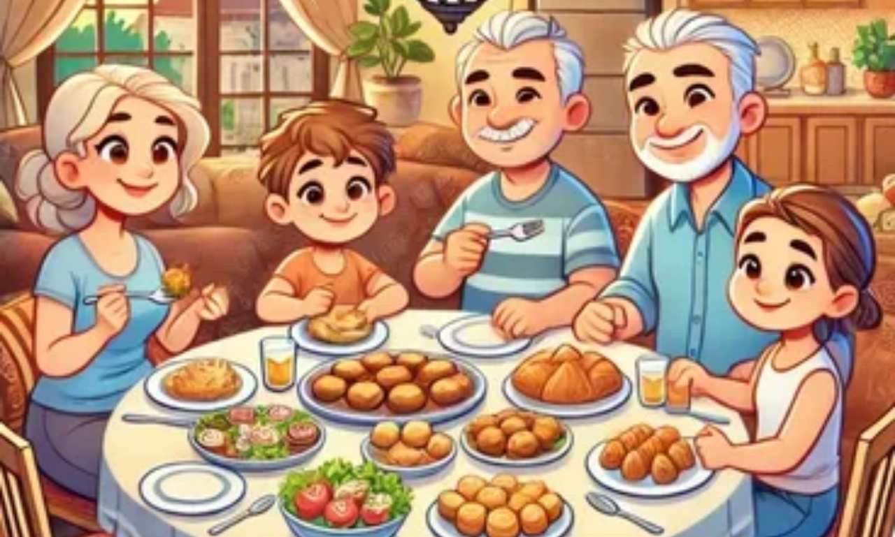 Happy family gathered around a dinner table sharing funny blessings for dinner, laughter, gratitude, faith, delicious food, and joyful moments together.