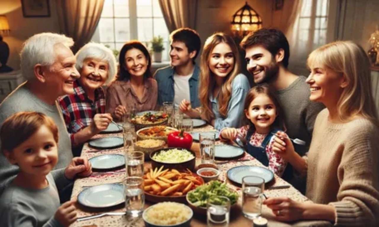 Happy family gathered around a dinner table sharing funny blessings for dinner, laughter, gratitude, faith, delicious food, and joyful moments together.