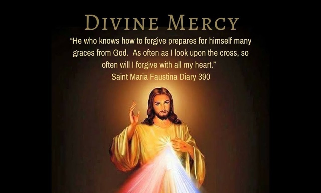 Divine Mercy Sunday image featuring Jesus of Divine Mercy with radiant rays of light, prayerful hands, Bible verses, Chaplet beads, and a peaceful spiritual background symbolizing faith, hope, healing, mercy, and God's love.