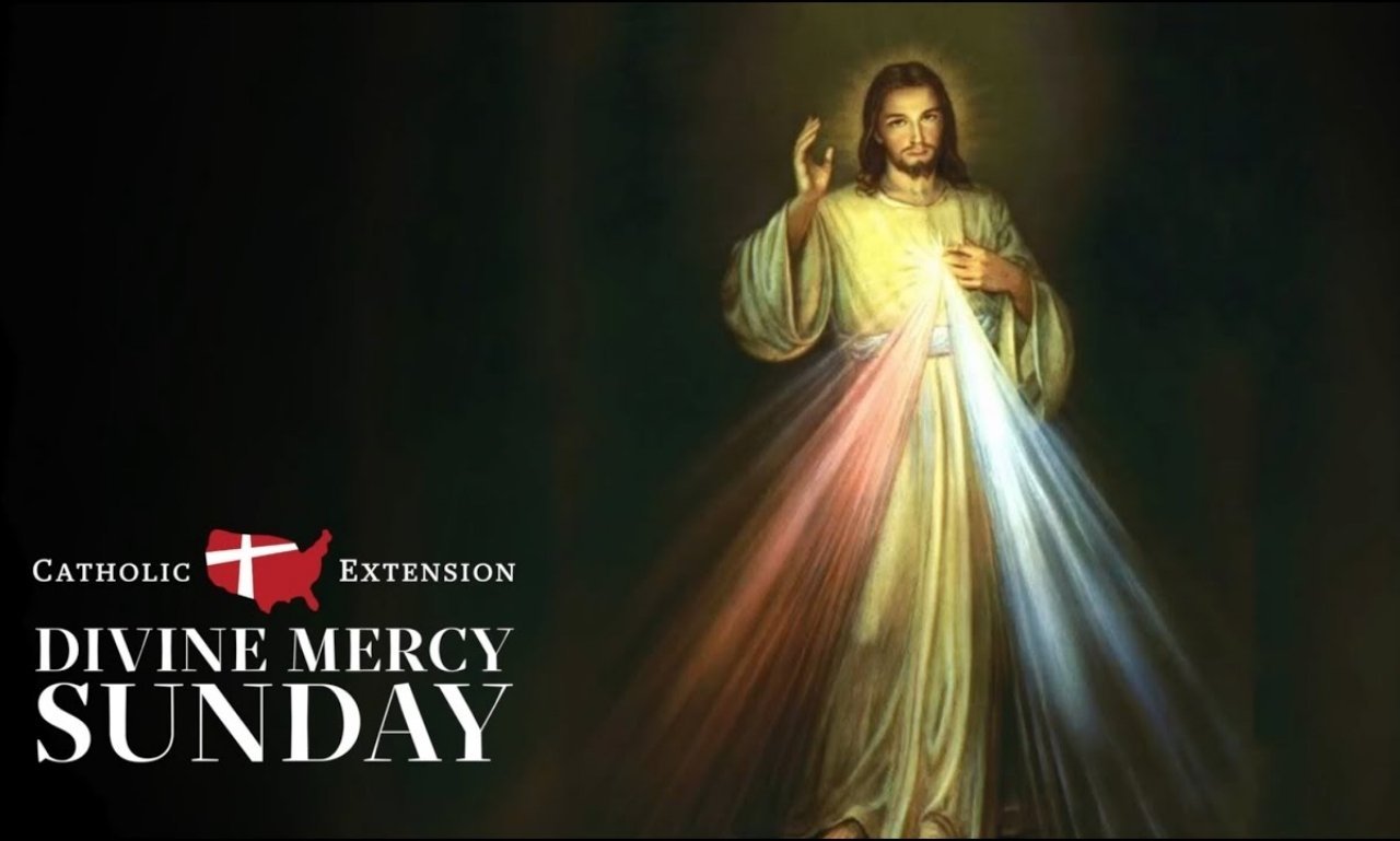 Divine Mercy Sunday image featuring Jesus of Divine Mercy with radiant rays of light, prayerful hands, Bible verses, Chaplet beads, and a peaceful spiritual background symbolizing faith, hope, healing, mercy, and God's love.