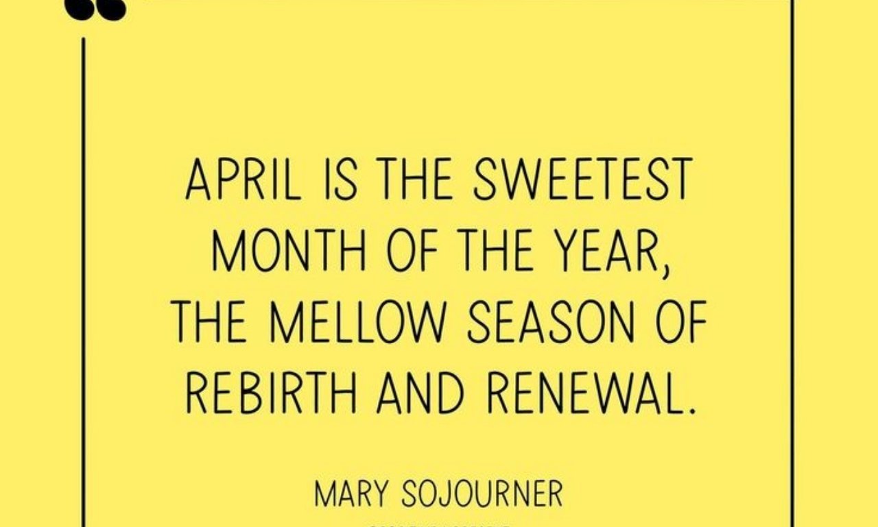 Beautiful spring landscape with blooming flowers, sunshine, and uplifting April quotes symbolizing hope, happiness, faith, renewal, and new beginnings.