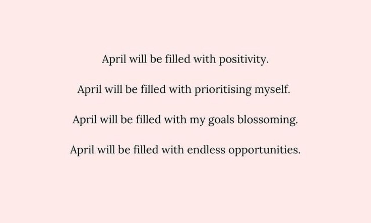 Beautiful spring landscape with blooming flowers, sunshine, and uplifting April quotes symbolizing hope, happiness, faith, renewal, and new beginnings.