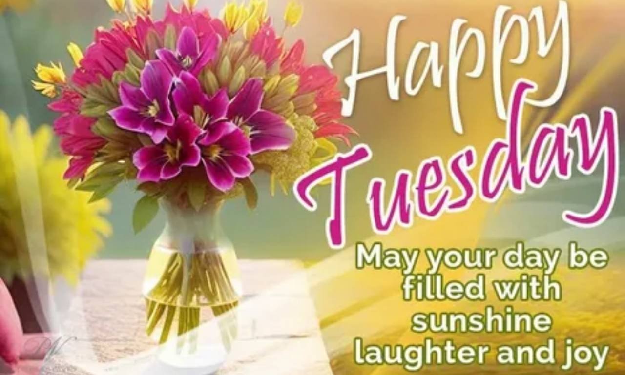 Serene sunrise with uplifting Tuesday blessing quote about hope, courage, and spiritual encouragement