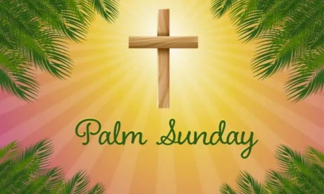 Palm Sunday prayers with Bible verses featuring palm branches, a cross, and a worshipful Christian scene symbolizing faith, hope, peace, and Holy Week reflection.