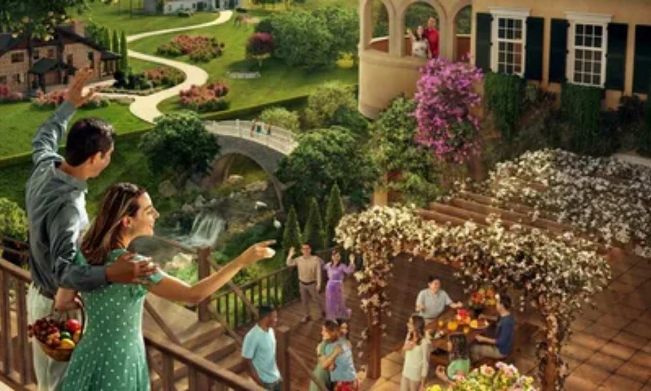 Colorful flower garden with blooming flowers, gardening tools, and a cheerful sign displaying funny garden blessings and quotes that inspire laughter, positivity, hope, and happiness.