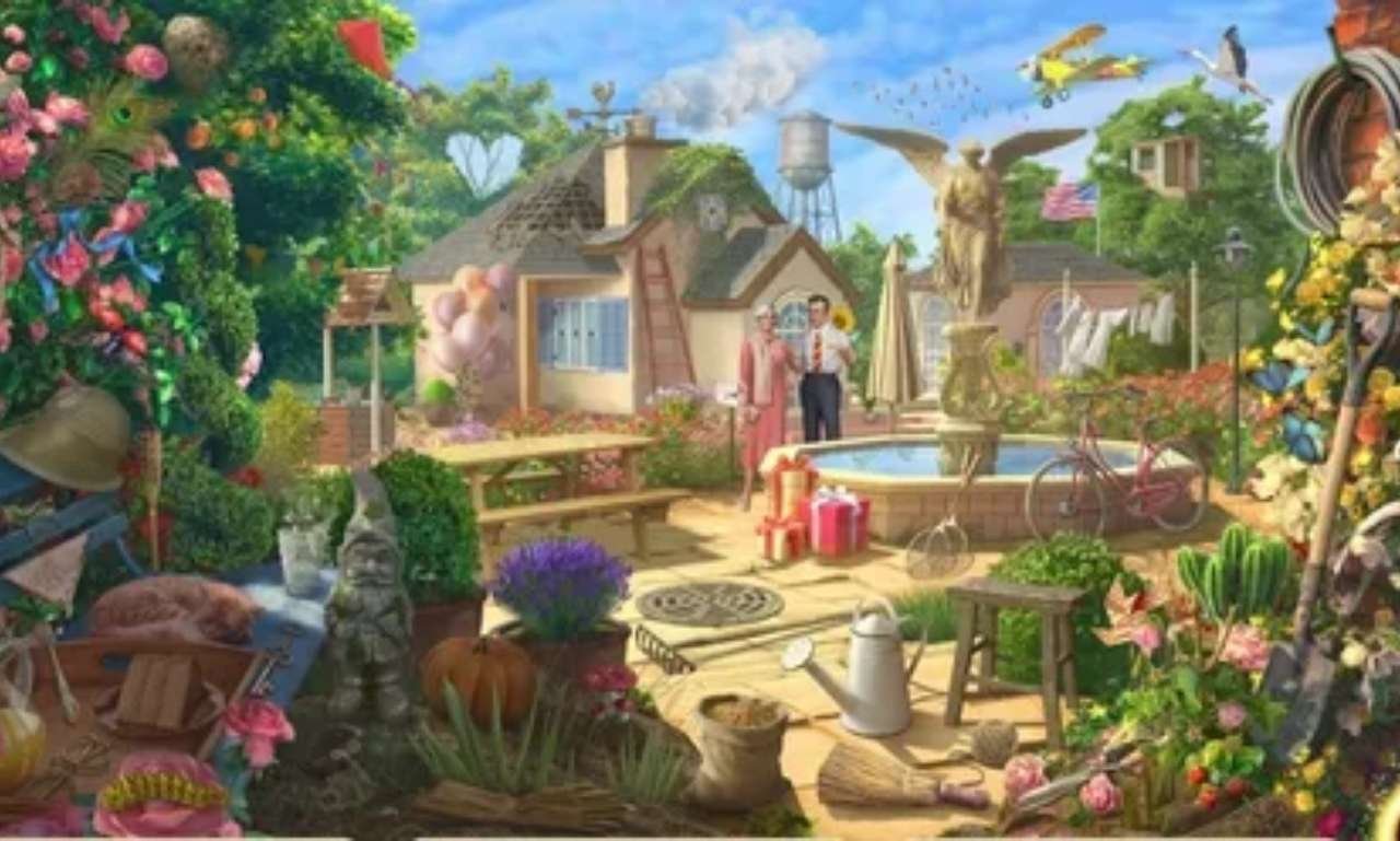 Colorful flower garden with blooming flowers, gardening tools, and a cheerful sign displaying funny garden blessings and quotes that inspire laughter, positivity, hope, and happiness.