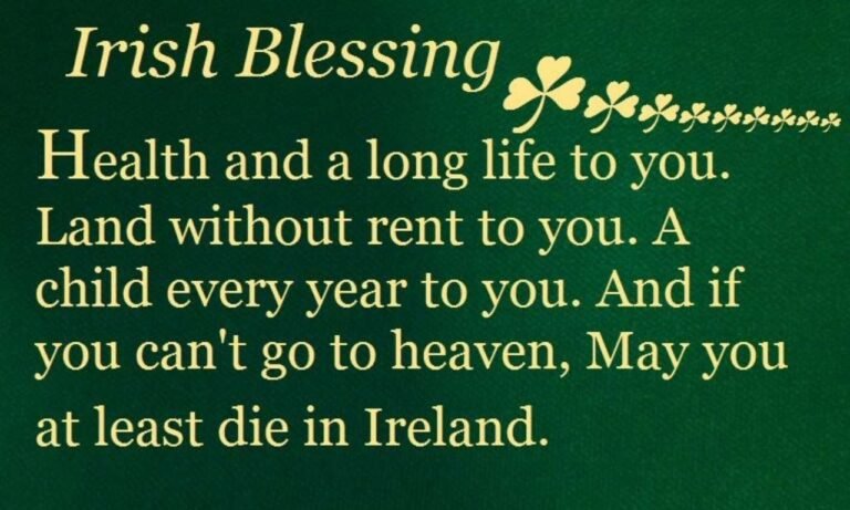 Beautiful Irish blessings displayed over a peaceful Irish countryside with green hills, sunrise light, and Celtic inspiration