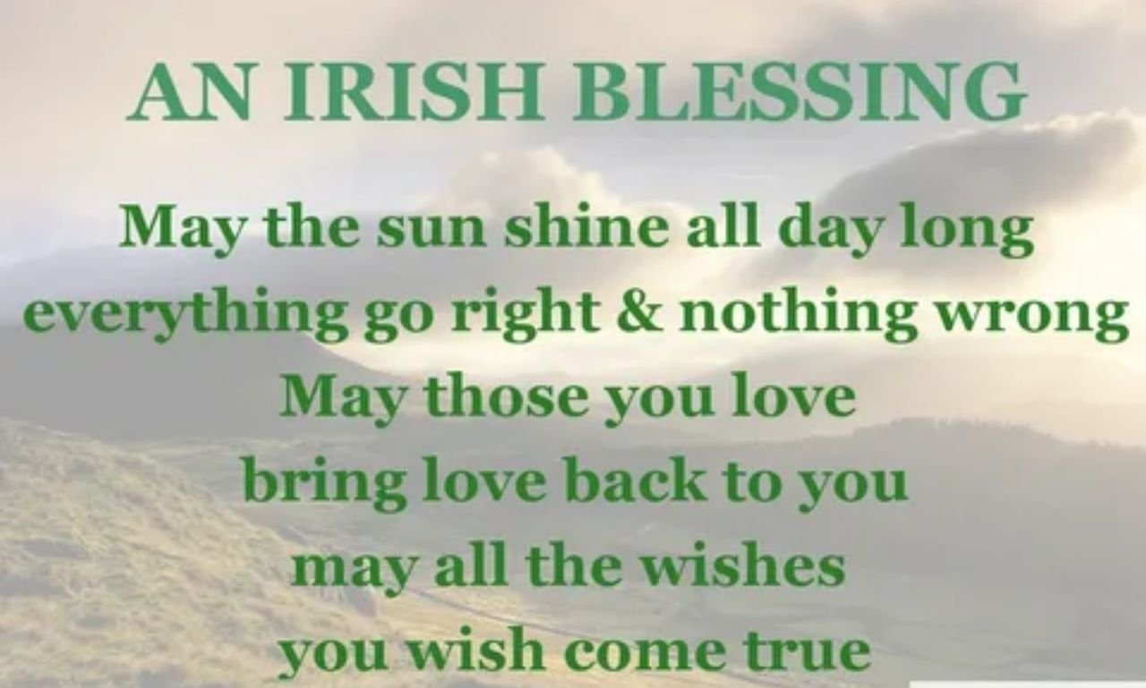 Beautiful Irish blessings displayed over a peaceful Irish countryside with green hills, sunrise light, and Celtic inspiration