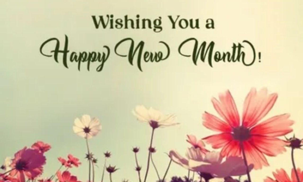Inspirational Happy New Month wishes with uplifting prayers, blessings, quotes, and messages over a beautiful sunrise symbolizing hope, faith, peace, and new beginnings.
