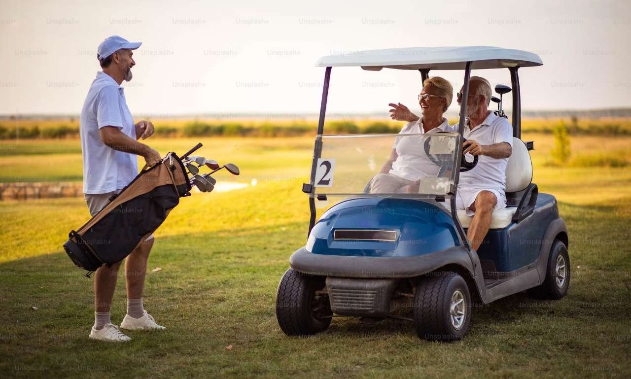 Smiling golfer standing on a beautiful golf course at sunrise, holding a golf club while enjoying a joyful moment, representing funny and creative golf blessings, faith, friendship, encouragement, and happiness on the fairway.