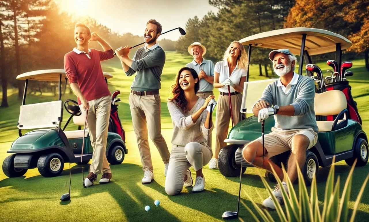 Smiling golfer standing on a beautiful golf course at sunrise, holding a golf club while enjoying a joyful moment, representing funny and creative golf blessings, faith, friendship, encouragement, and happiness on the fairway.