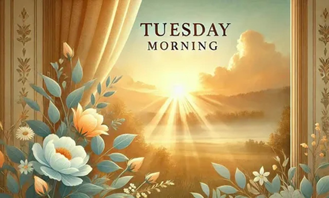 A peaceful Tuesday morning scene with golden sunlight, open Bible, and coffee cup symbolizing faith, prayer, and morning blessings with the Lord