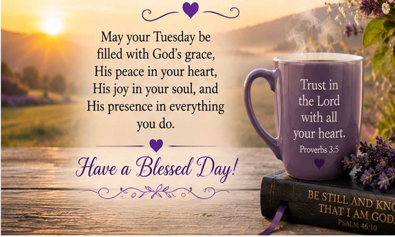A peaceful Tuesday morning scene with golden sunlight, open Bible, and coffee cup symbolizing faith, prayer, and morning blessings with the Lord
