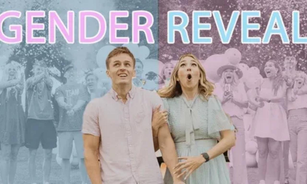 Happy parents at a gender reveal celebration with pink and blue decorations, sharing funny gender reveal blessings, prayers, joy, love, and excitement for their baby's arrival.