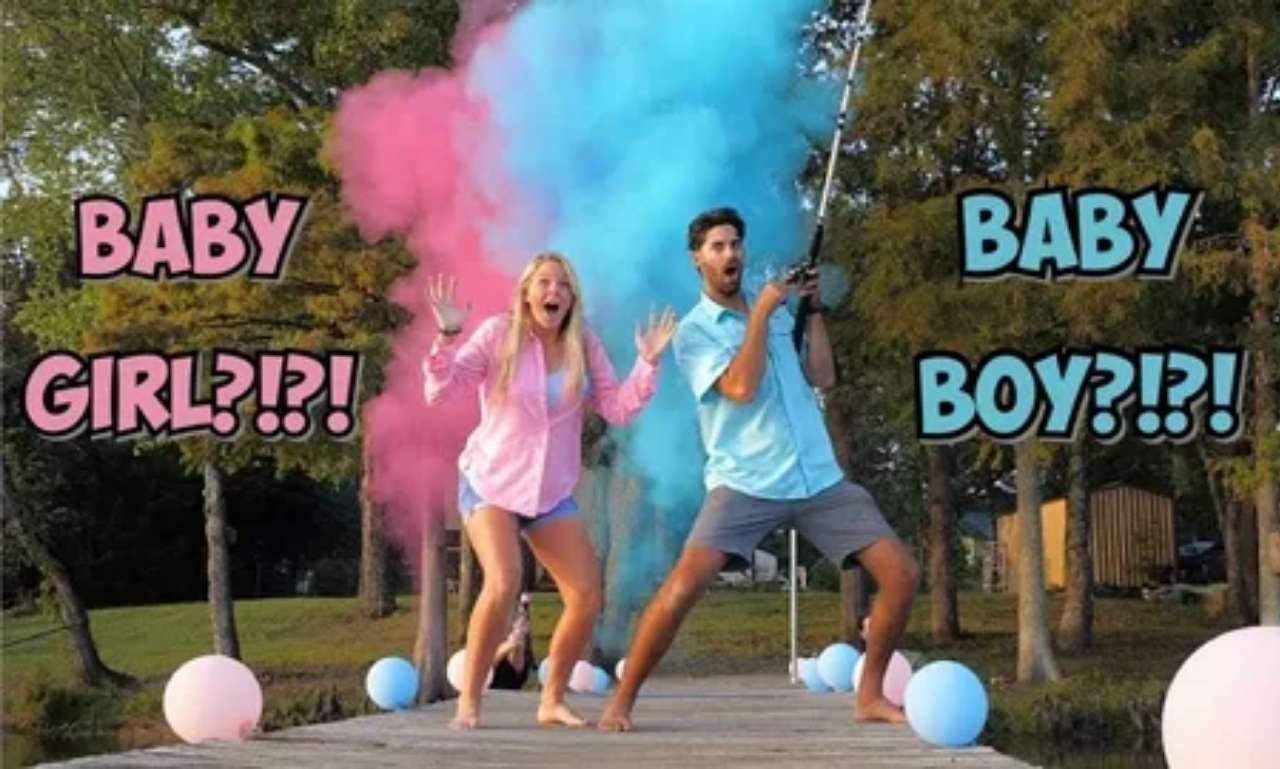 Happy parents at a gender reveal celebration with pink and blue decorations, sharing funny gender reveal blessings, prayers, joy, love, and excitement for their baby's arrival.