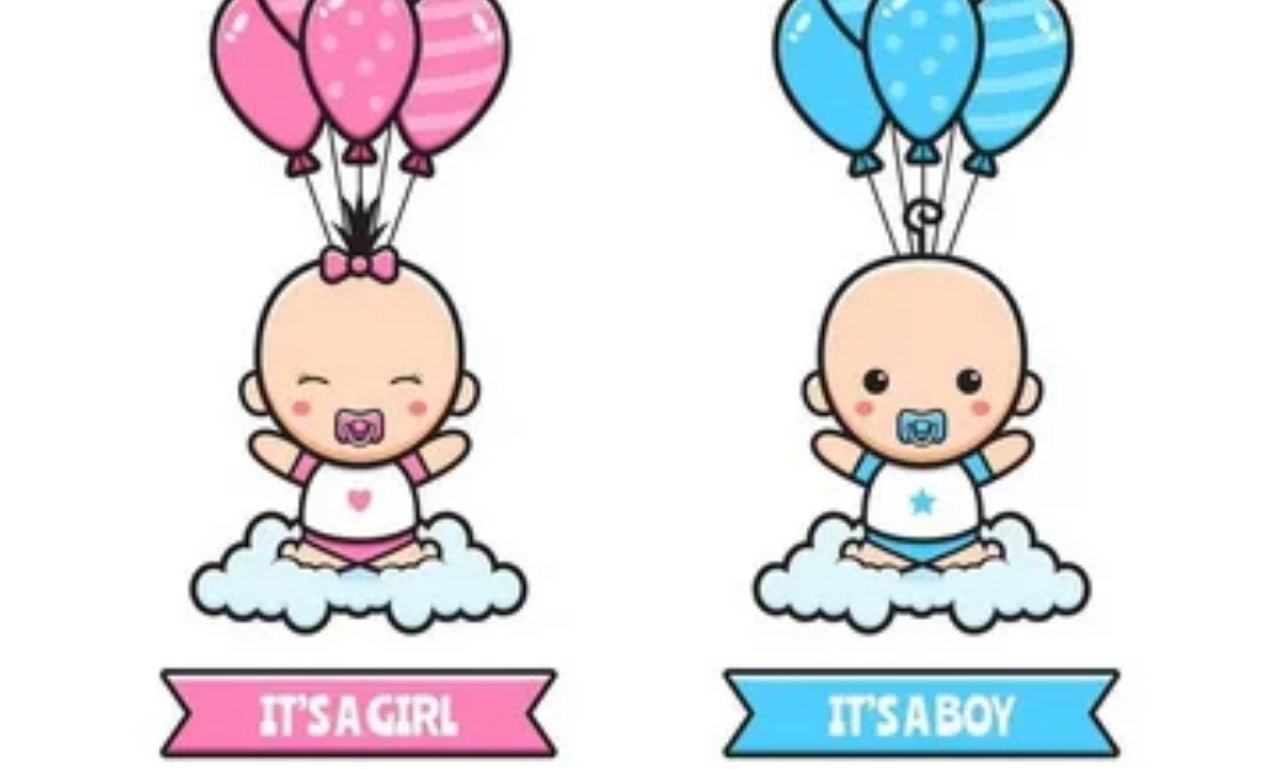 Happy parents at a gender reveal celebration with pink and blue decorations, sharing funny gender reveal blessings, prayers, joy, love, and excitement for their baby's arrival.