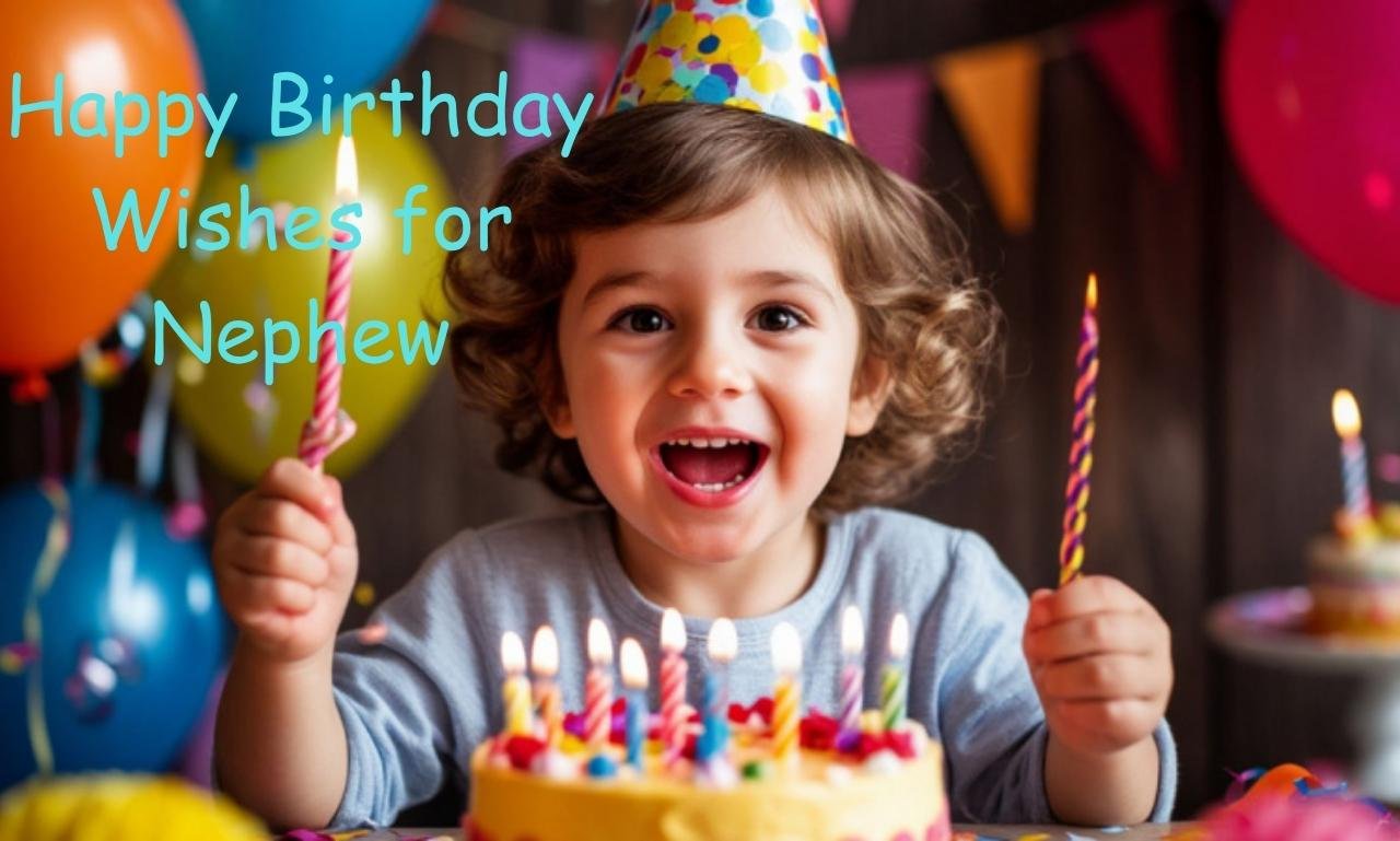 Happy birthday wishes for nephew with love featuring a joyful birthday celebration with a smiling nephew, colorful balloons, birthday cake, gifts, and heartfelt messages, blessings, and prayers for a special day.