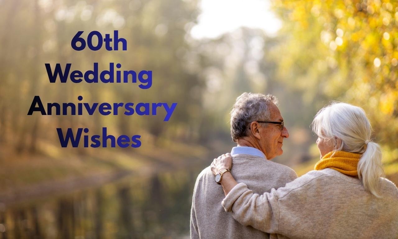 Elegant diamond anniversary celebration with a happy elderly couple, golden decorations, flowers, and the text 60th Anniversary Wishes Filled with Love and Joy.